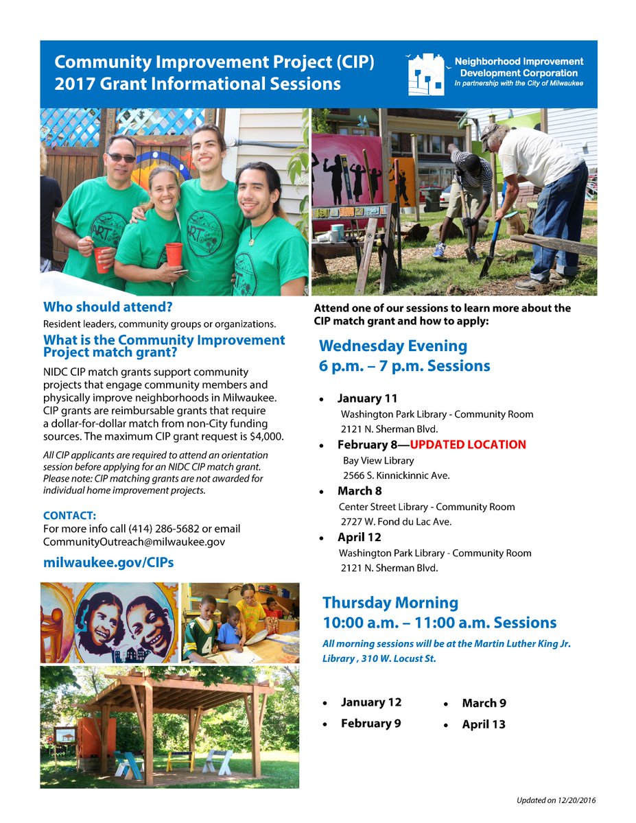 MilwaukeeDCD's tweet photo. Attend 1 of 2 Community Improvement Grant info sessions this week - note Feb 8 now @ #BayViewLibrary (not Wash Park) https://t.co/zSL7yyJWLv https://t.co/gVuZfDgVgs