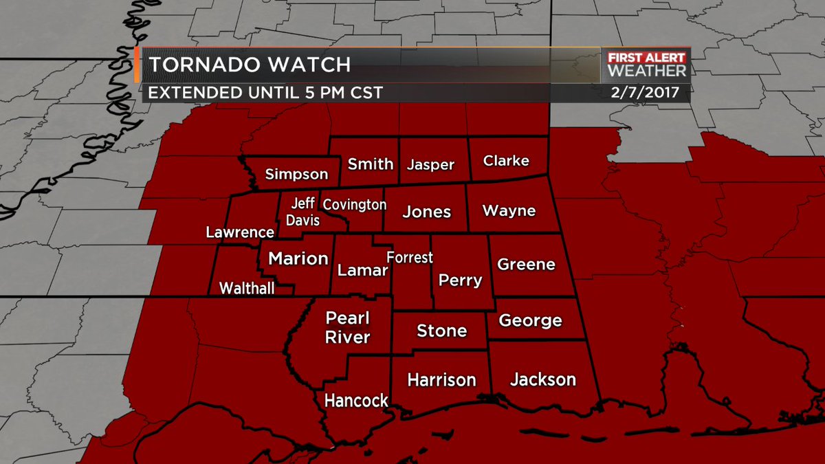 PatrickWDAM's tweet photo. SPC &amp; NWS have decided to EXTEND the Tornado Watch for the ENTIRE AREA until 5pm. #mswx https://t.co/8nJJahSl0H