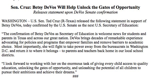 SenTedCruz's tweet photo. .@BetsyDeVos will fight to take power away from DC bureaucrats &amp; return it to parents &amp; teachers at the local level. https://t.co/Q3NOt7mQEa https://t.co/6cvjG3OGJB