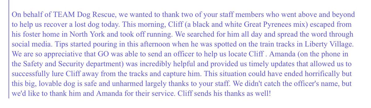 B_GrodzinskiMOM's tweet photo. Shout out to @GOTransitSSD CO Amanda &amp; Cst Terry Edwards OBO Team Dog Rescue in recovering "Cliff" who ended up on the ROW.  Happy ending. https://t.co/tIbynMYl4S