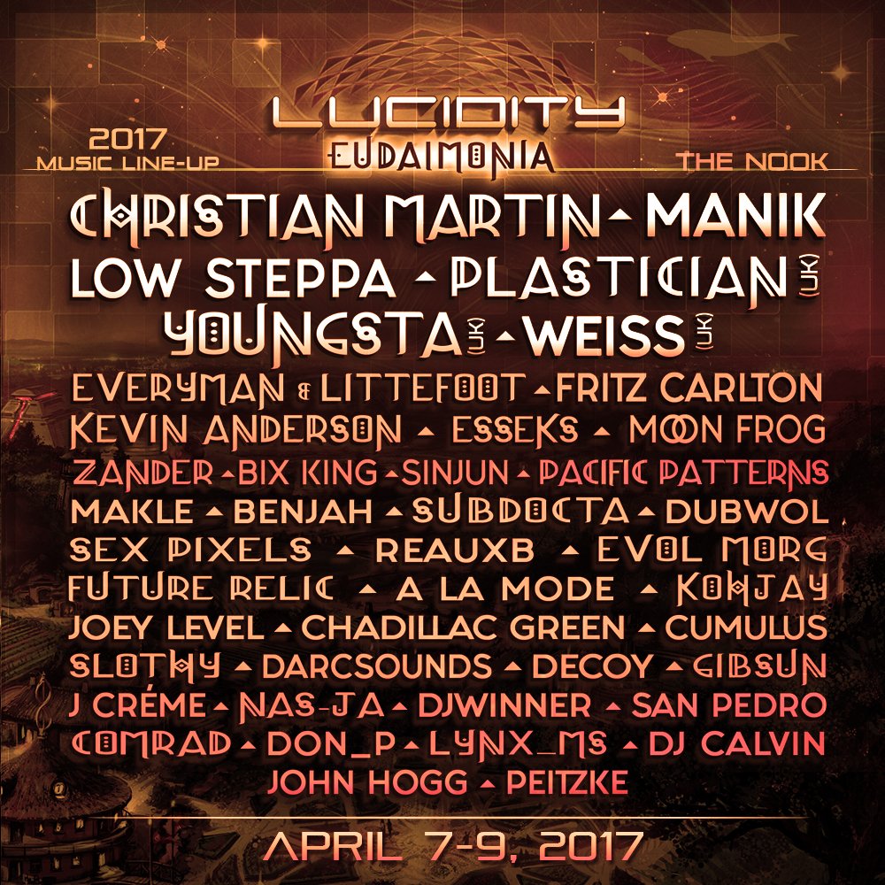 OnceUponAFest's tweet photo. ~*Lucidity Lineup Release*~ #LucidityFestival is thrilled to announce our Music Lineup for 2017: Eudaimonia. #music https://t.co/8O0ECnTnwM https://t.co/rdIKTFN3ax