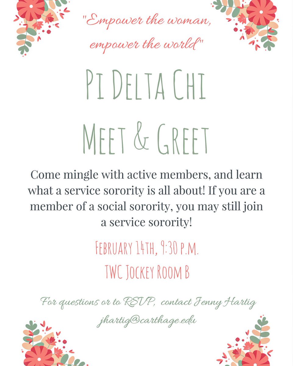 pdc_carthage's tweet photo. Happy spring recruitment! In exactly 1 week the ladies of Pi Delta Chi will be hosting a meet &amp; greet in the twc, we hope to see you there! https://t.co/BRnvDkoEqG