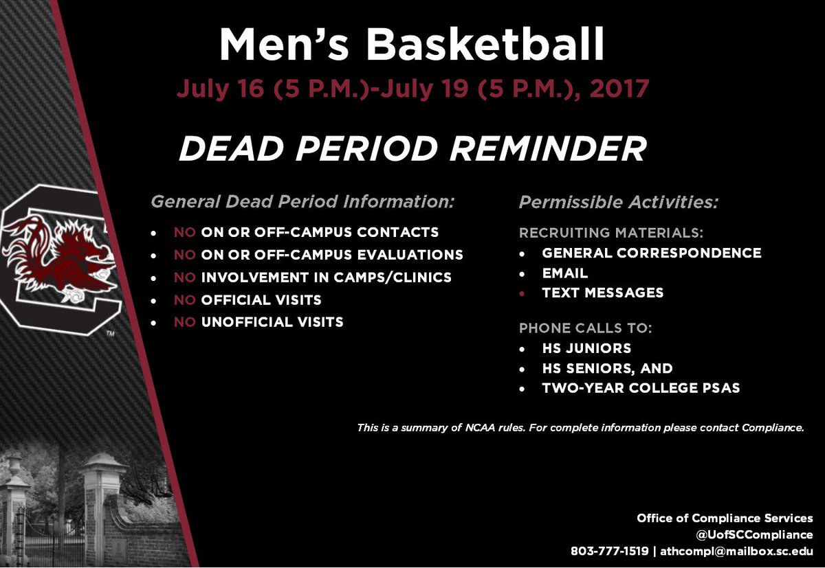Men's Basketball Dead Period Reminder: July 16 (5 P.M.) - July 19 (5 P.M.), 2017