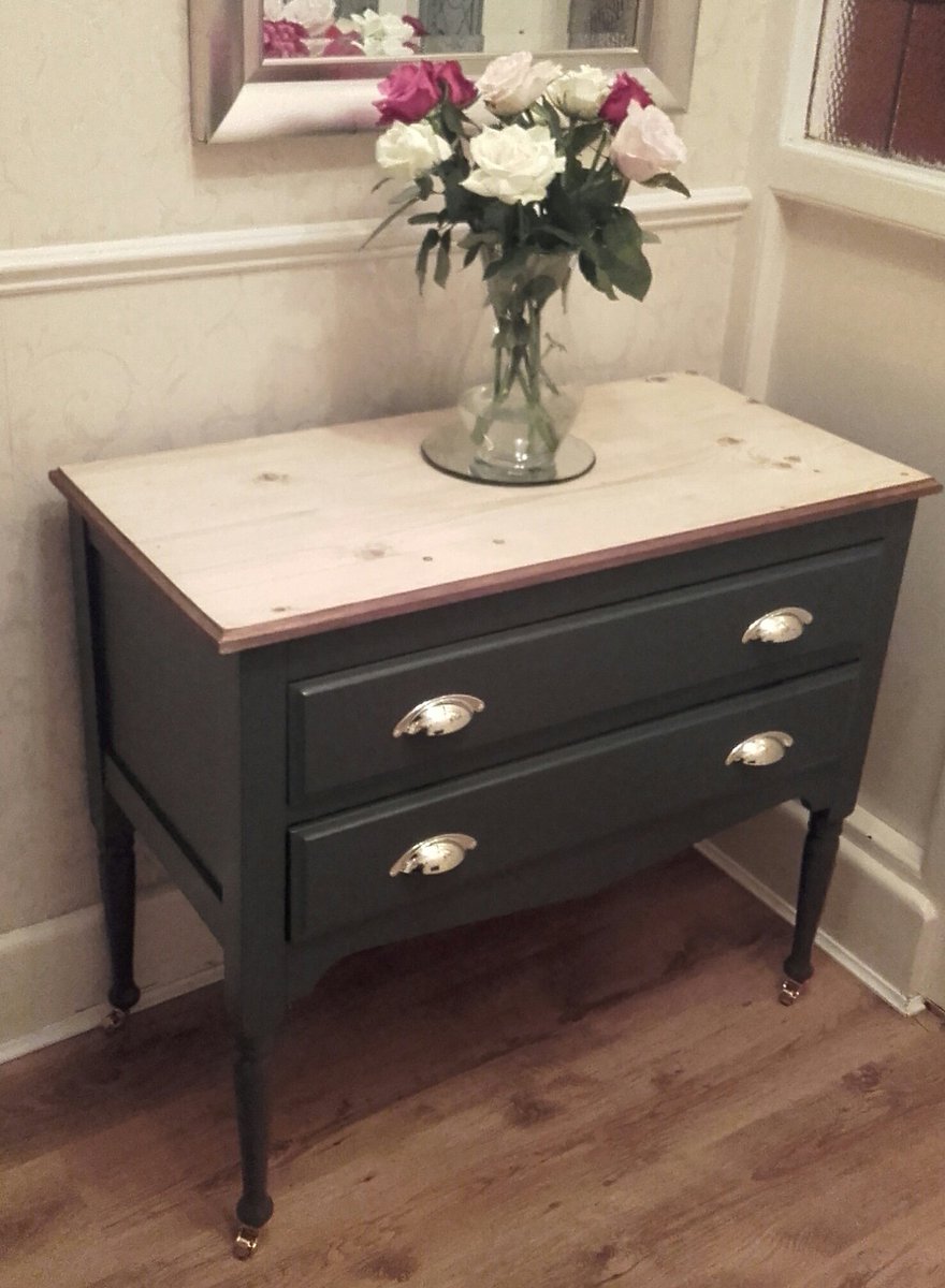 Restored 2-drawer dresser. Brass wheels &amp; handles, graphite grey finish. £115. H775mm x W900mm x D455mm. musicgaryholt29@yahoo.co.uk