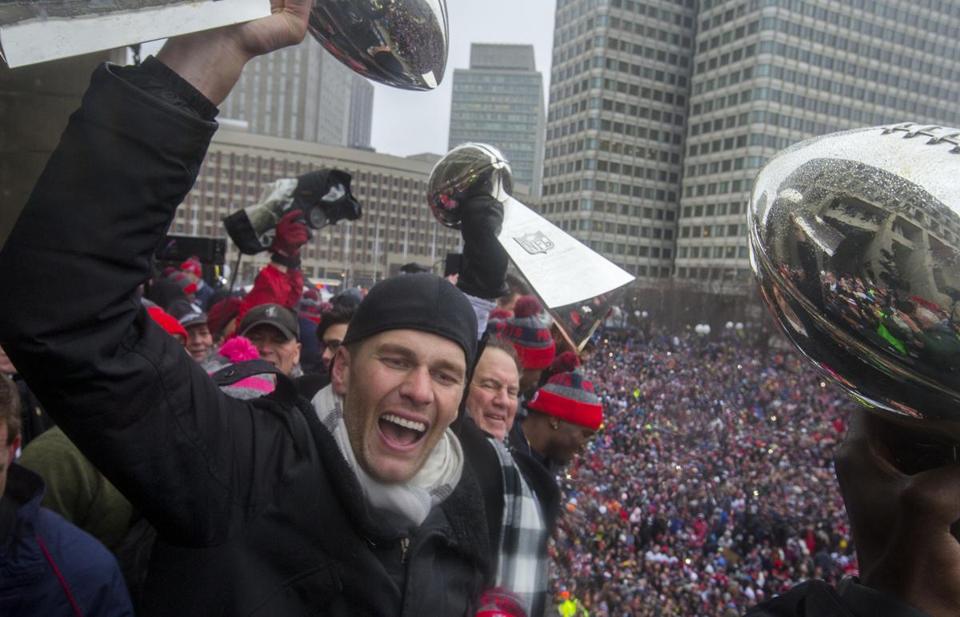 BostonGlobe's tweet image. PHOTO: Tom Brady surrounded by Lombardi Trophies bos.gl/h4Oz4hP