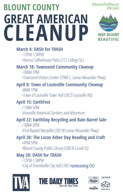 BeautifulBlount's tweet photo. Check out the #BCGAC schedule! Join us for an event or plan your own cleanup. We'll provide the supplies! @kabtweet @KeepTNBeautiful https://t.co/ak5wdO7k7F