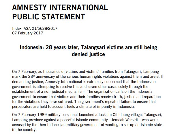 Victims of #Talangsari deserve justice + reparation 4 violations. Non-judicial mechanisms are not enough bit.ly/2koujlo #Indonesia