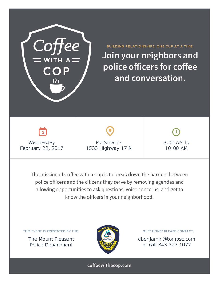 MountPleasantPD's tweet image. Save the Date: Coffee with a Cop Feb.22 at McDonald's near Bowman. 8-10am. #publicservicematters #mtpsc ^cg