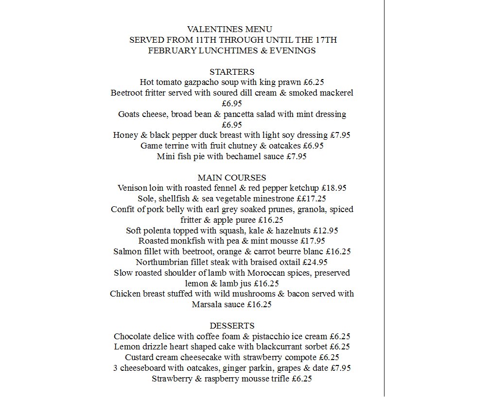 queenheadberwic's tweet photo. This is our Valentines Menu served lunchtimes &amp; evening from the 11th through to the 17th February. Booking advisable #freshfood #romance https://t.co/PMtGsTvgQw