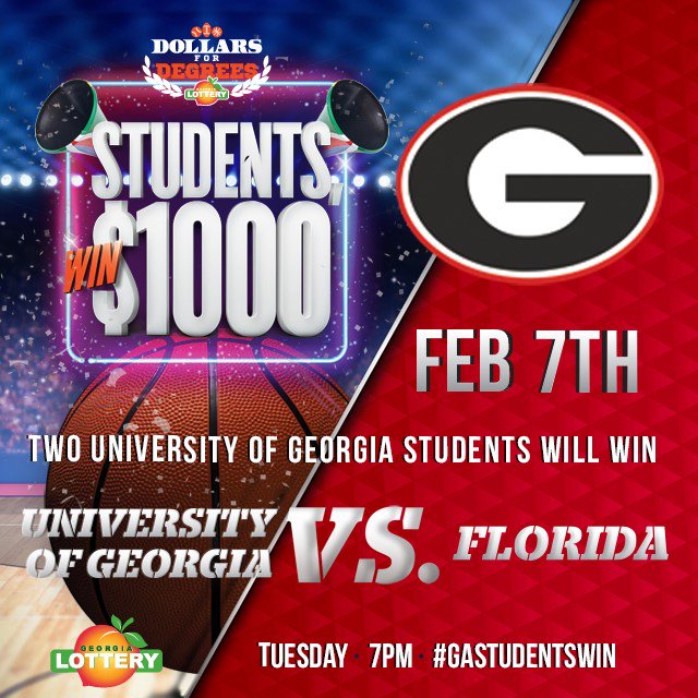 GeorgiaLottery's tweet photo. GO DAWGS! Dollars for Degrees is headed to Athens this evening to cheer on @UGAAthletics and send two students home with $1K! #GAStudentsWin https://t.co/SoZ6uRXcmW