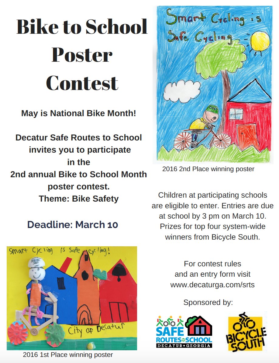 DecaturEdFound's tweet photo. Hey Elementary School kids: Poster contest to promote National Bike Month! Prizes for the top four posters! #GetCreative #GetBiking https://t.co/NWrCmobbY7