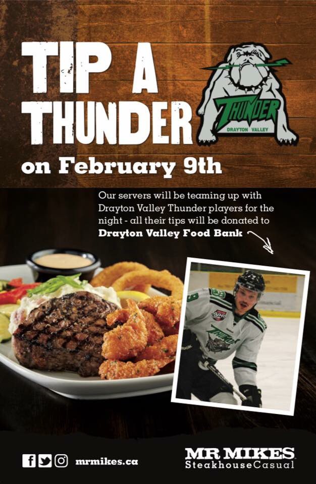 DVThunder's tweet photo. Thursday Feb 9th Thunder are serving food @MrMikesOnline Drayton Valley.All tips will be donated to the DV Food Bank!#helpingthecommunity🏒⚡️ https://t.co/6SUeJzz1zj
