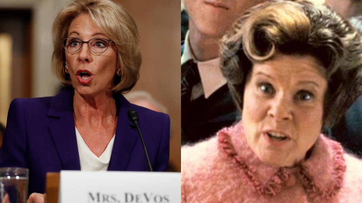 WayfaringSarahJ's tweet photo. It is just me or is #BetsyDeVos channelling #DoloresUmbridge? Must be a #hogwarts portal in the US Cabinet. #POTUSWatch #DonaldTrump #devos https://t.co/DAsncl08Yg