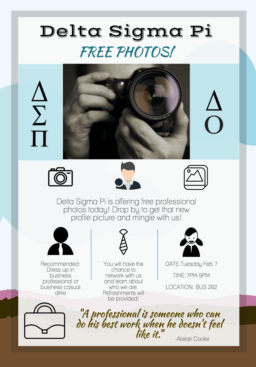 We are offering free professional photos today at 7PM! We cordially invite you to come drop by, take your picture, and network with us!