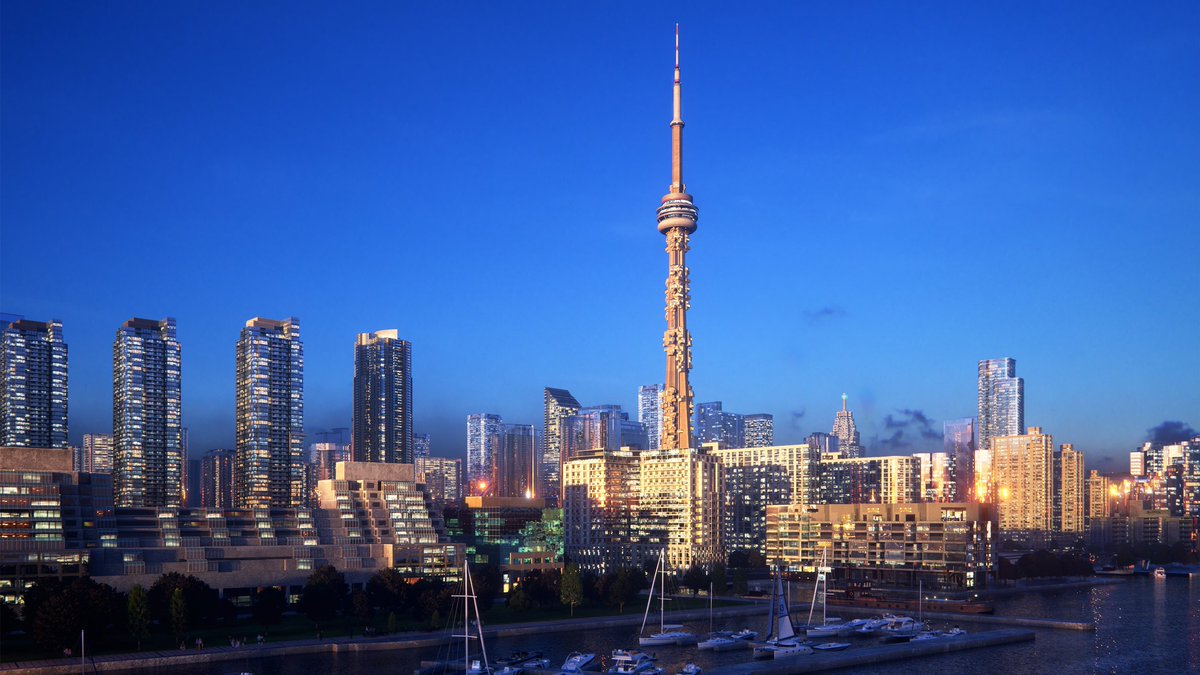 dezeen's tweet image. Toronto's CN Tower reimagined as residential high-rise covered in wooden pods: trib.al/YLV4Gft