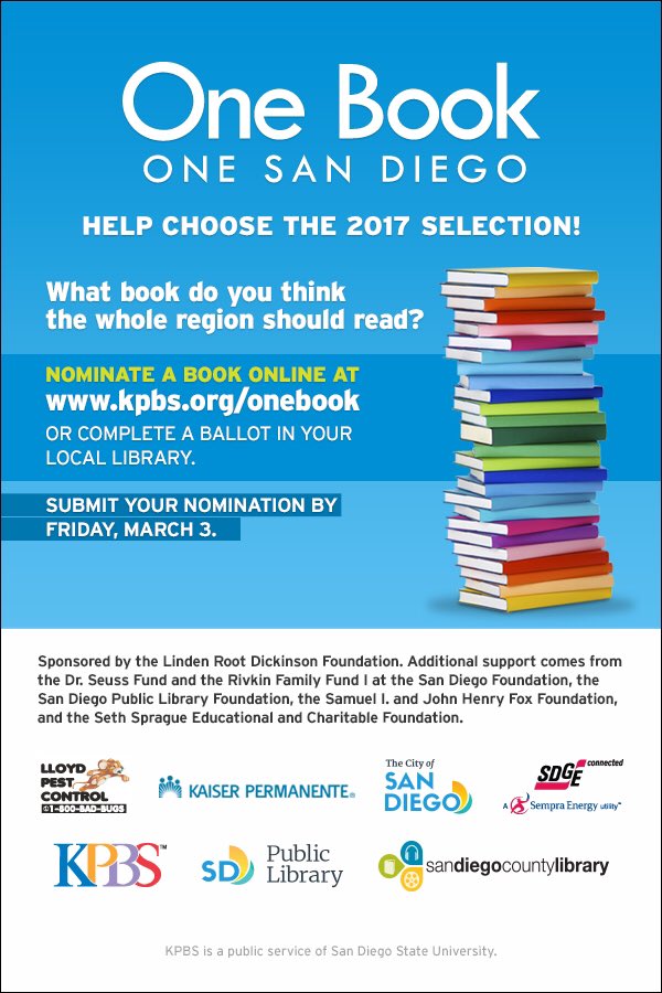 SDCountyLibrary's tweet image. One Book One San Diego nominations are open NOW!#obosd #sandiego #sandiegocounty #library #ilovesdcl #onebookonesandiego #librariesunite