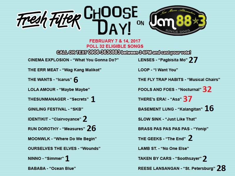 Jam883's tweet image. #FreshFilter #ChooseDay Poll 32 Round 1 results!