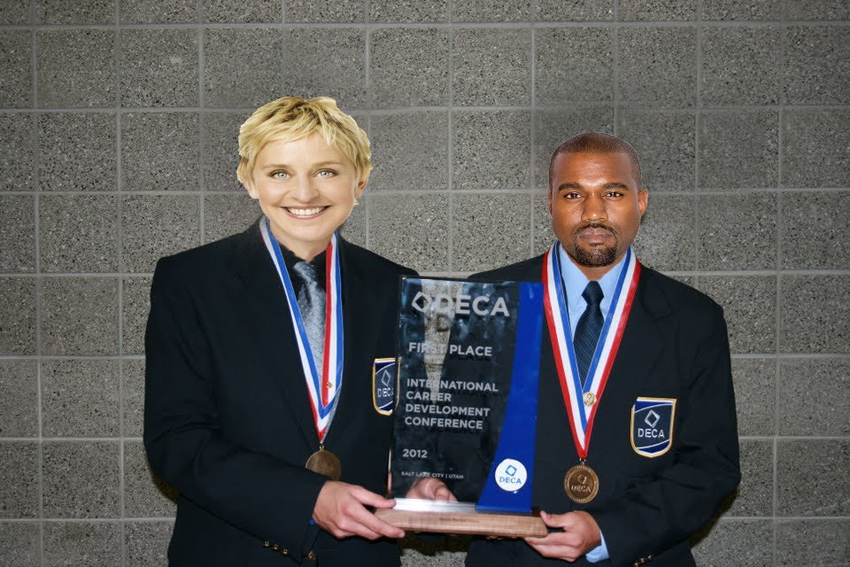 DECAFAME's tweet image. Kanye West and Ellen Degeneres, Sports and Entertainment Marketing Team Champions (2004)