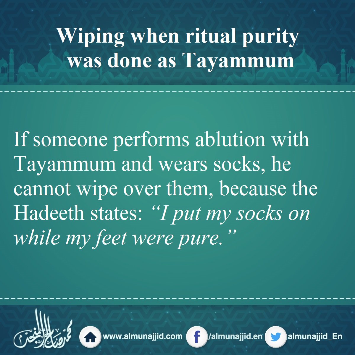 almunajjid_En's tweet photo. Wiping when ritual purity was done as Tayammum
#wiping #khuff #socks #leather #Tayammum #ablution #Hadeeth #Hadith https://t.co/9isf4BtZJ9