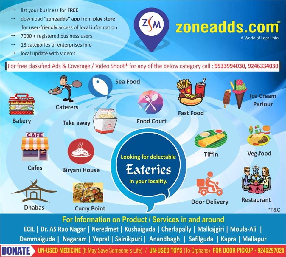 ZoneAdds's tweet photo. #Eateries #LocalInfo, Visit: https://t.co/AhGUunJJiV
#ECIL #Kushaiguda #ASRaoNagar #Sainikpuri #Neredmet #Malkajgiri #Cherlapally
#Yapral https://t.co/OrQ5muf4z3