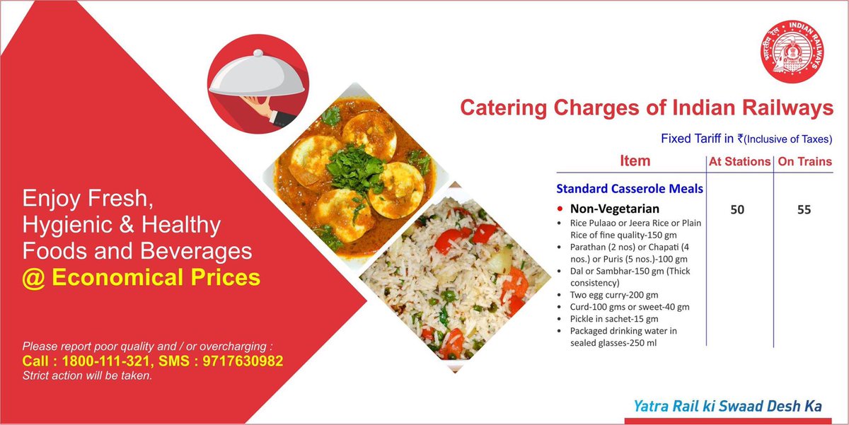 RailMinIndia's tweet photo. Catering charges of Indian Railway
Enjoy fresh ,Hygienic &amp; economical prices. 
please report if overcharged/ poor quality 
Call:1800-111-321 https://t.co/MM0YiwF9QI