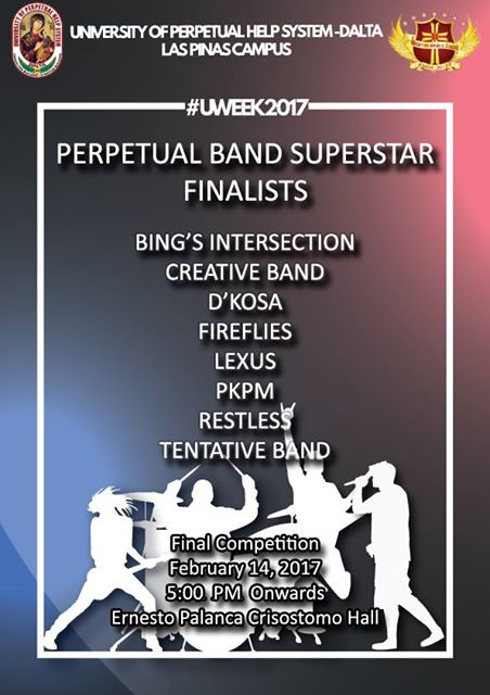 thePERPETUALITE's tweet photo. #TPerpsUpdate: Congratulations, Perpetual Band Superstar finalists!!!

#UWEEK2017
#PERPETUALat42
—
Image courtesy of Supreme Student Council https://t.co/k40CqJvr9x