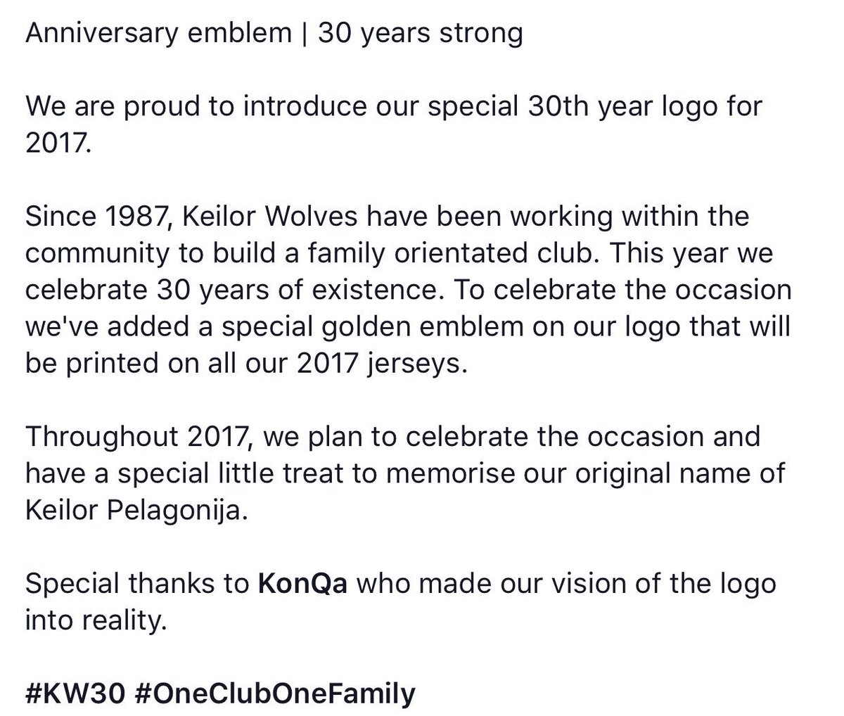 Anniversary emblem | Introducing our golden logo for 2017, our 30th year courtesy of <a href="/KonQaAU/">KonQa Teamwear</a> 

#KW30 #OneClubOneFamily