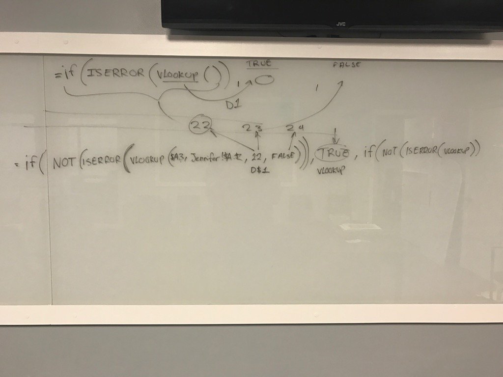 Teaching someone at work how to run a VLOOKUP across several tabs at once. 2 things I love, excel &amp; dry erase boards