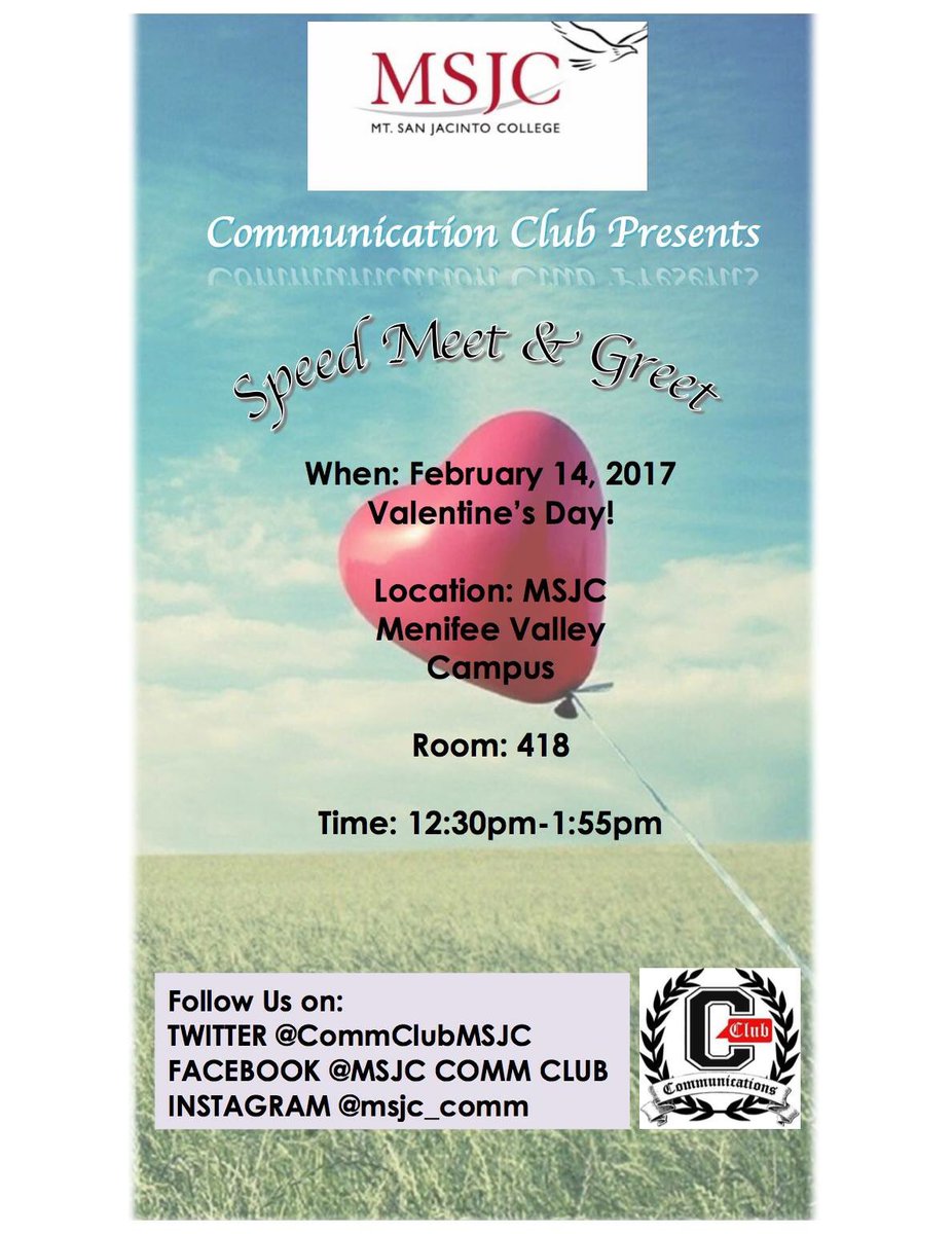 CommClubMSJC's tweet photo. Communication's Club will be hosting the 1st ever Speed Meet&amp;Greet event @ the Menifee Valley Campus! #Msjc #msjccollege #msjccommclub https://t.co/3pzbtQS97E