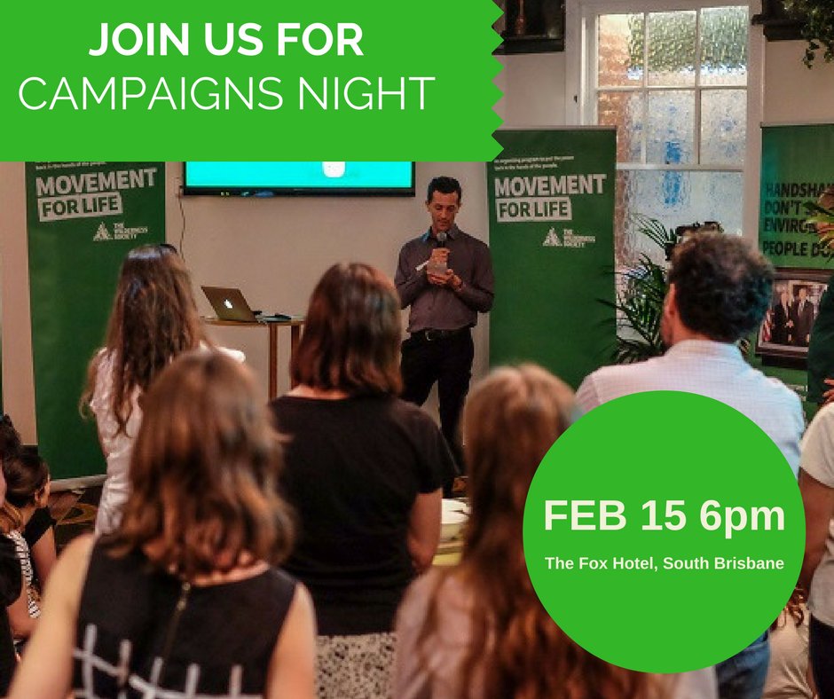 Only 1 week until our much anticipated Campaigns Night. Learn how you can play your part. Not too late to RSVP: wilderness.nationbuilder.com/brisbane_campa…