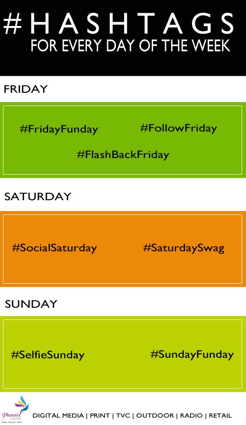 phoenixmedianet's tweet image. Hashtags for Every day of the Week!!
#Hashtags #Everday #EachWeek #SocialMedia #Phoenix