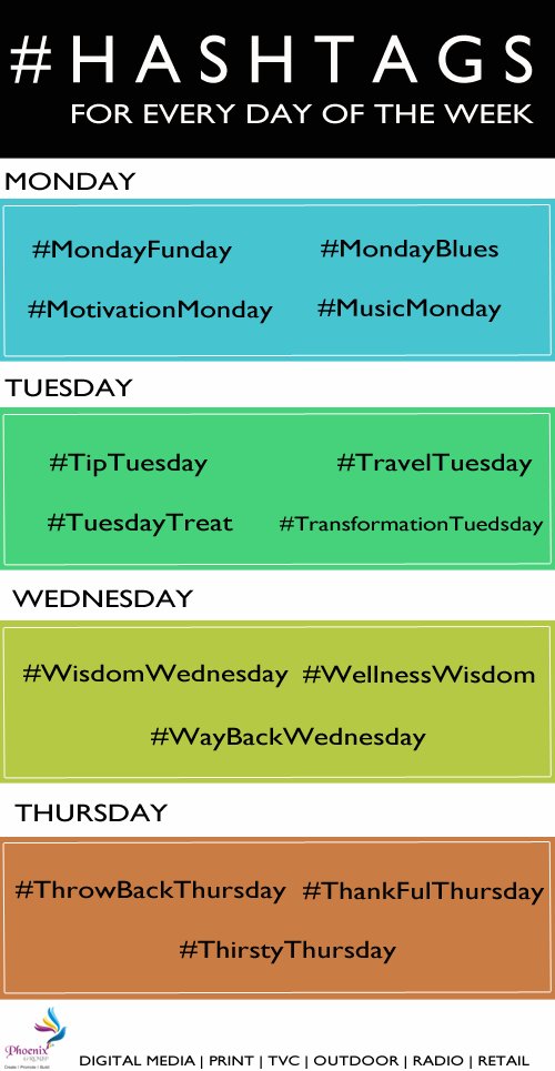 phoenixmedianet's tweet image. Hashtags for Every day of the Week!!
#Hashtags #Everday #EachWeek #SocialMedia #Phoenix
