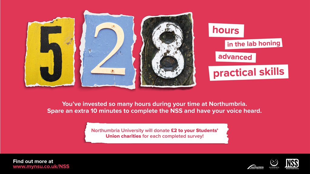 NUstudents's tweet image. You’ve invested so many hours during your time at Northumbria. Spare an extra 10 minutes to complete the #NSS and have your voice heard.