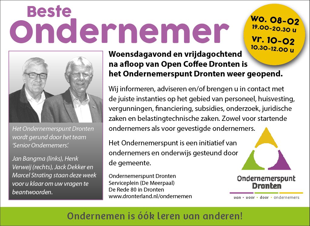 Vanavond is het Ondernemerspunt Dronten weer geopend!