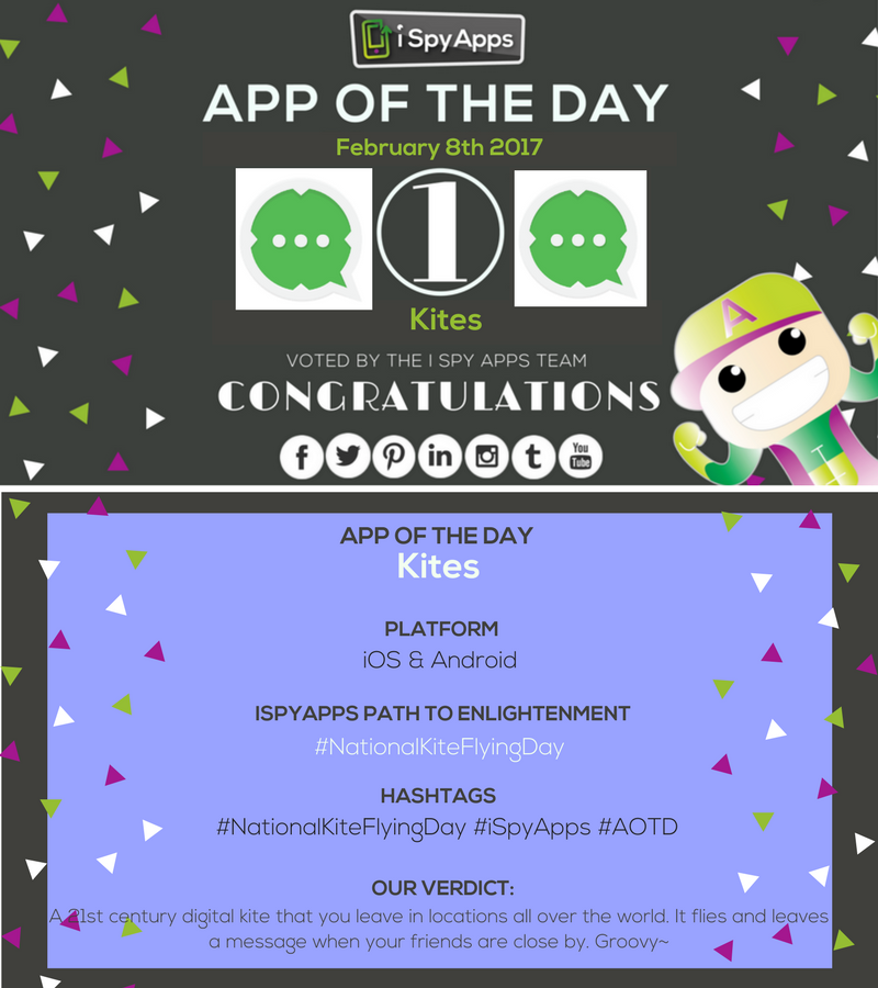 iSpyApps's tweet photo. Congratulations, @kitesapp, for being nominated #APP OF THE DAY by #iSpyApps! Download it to start leaving your mark across the globe! #AOTD https://t.co/9Sq5oFp2Yc