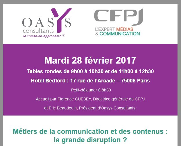 OASYSConsultant's tweet photo. Oasys et CFPJ organisent le 28.02 une matinée de débats et d’échanges: "Métiers de la communication et des contenus : la grande disruption?" https://t.co/QndwlZwLvW