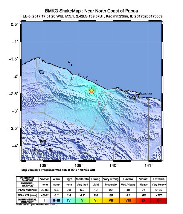#Gempa Mag:5.1 SR, 08-Feb-17 17:51:26 WIB, Lok:2.42 LS,139.37 BT (19 km TimurLaut SARMI-PAPUA), Kedlmn:23 Km #BMKG