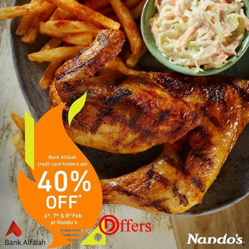 DoffersPK's tweet photo. Hurrayyyy ! Bank Alfalah credit card holders can avail 40% off at  Nando's on 6th,7th and 8th feb 2017 #food #eat #bigdeal #wow https://t.co/kBnXIRGevn