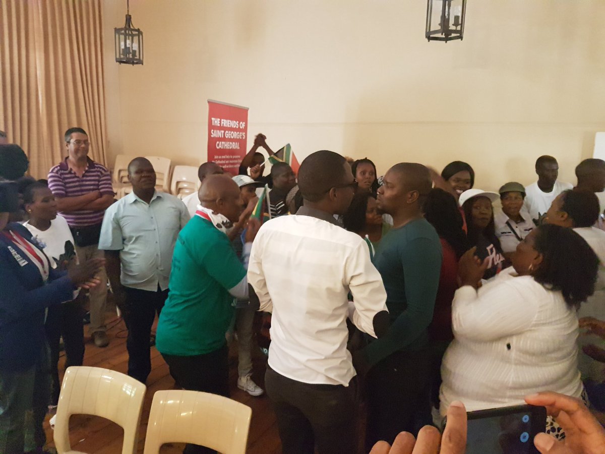 zulphak's tweet photo. Crowd protesting inside the church venue  telling Pityana to "voetsek" #savesa #SONA2017 https://t.co/MCNHUiCiIl