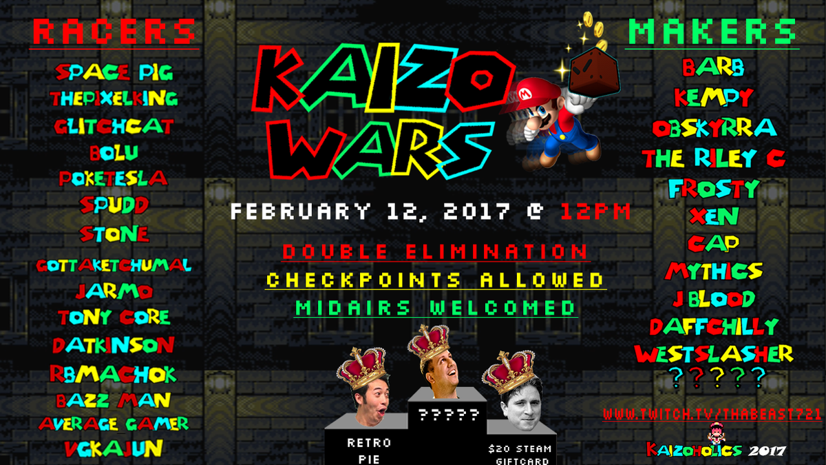 kaizoholics's tweet photo. The last updates to the Race Flyer and Bracket!! Let's A Go!! Share #KaizoWars !!!!! https://t.co/bRgK0IQEt4