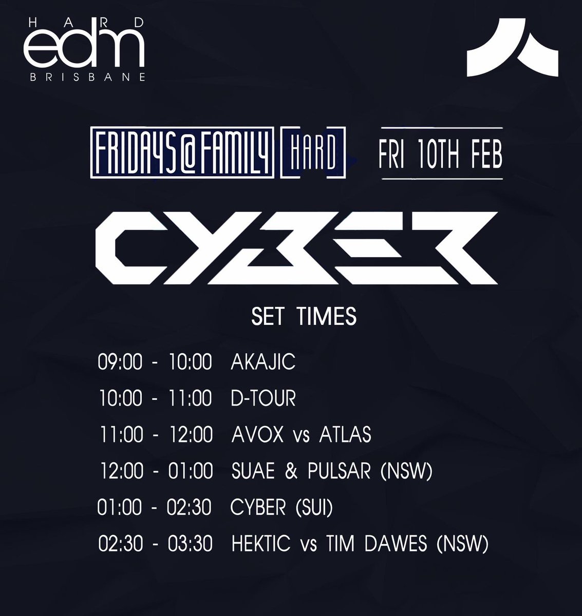 Set time are out for this Friday night @familynightclub with <a href="/OfficialCyberDJ/">CYBER</a> <a href="/Suae/">Suae</a> <a href="/djpulsar/">Joe Pulsar</a>