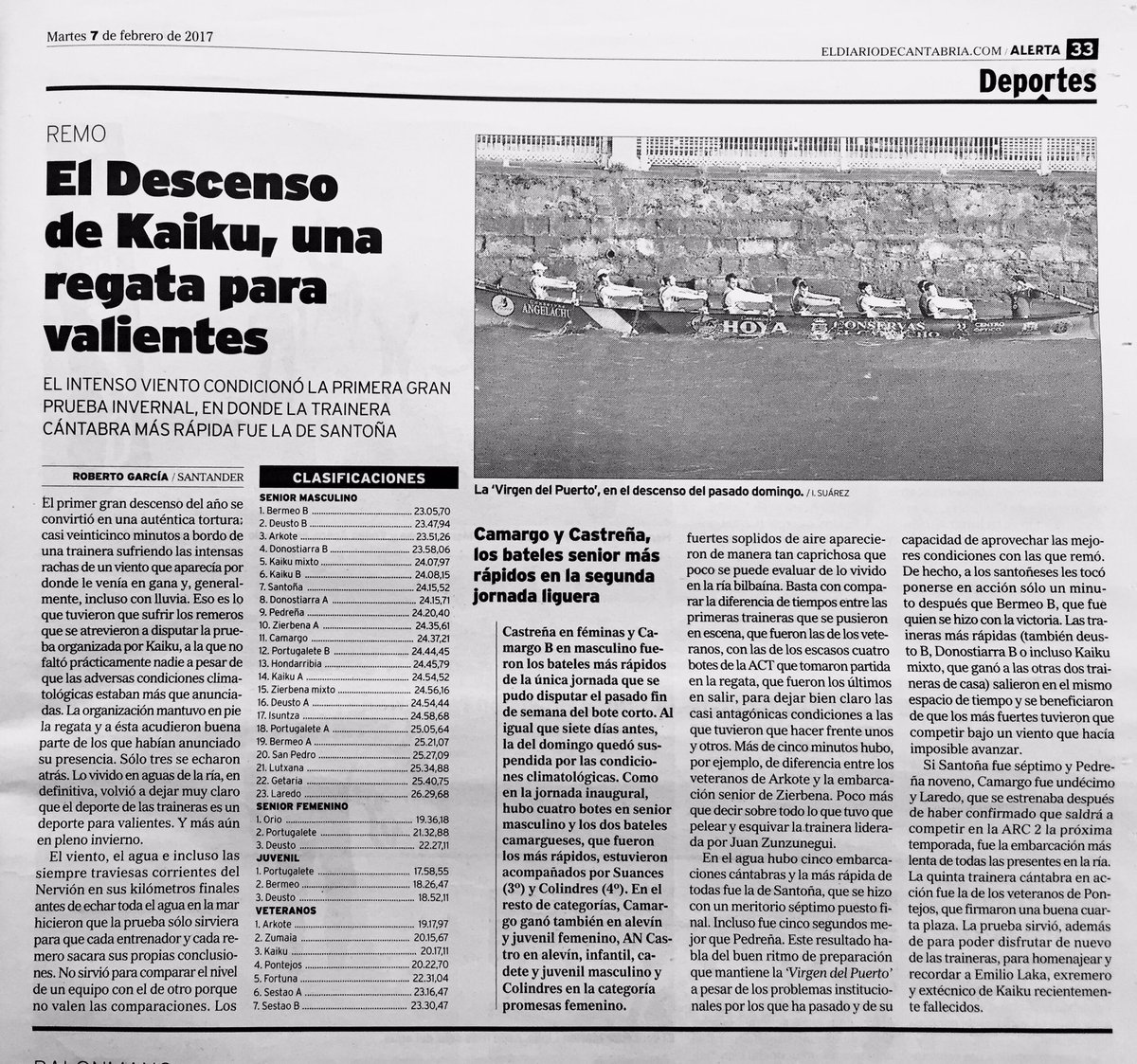 RemoSantona's tweet photo. ALERTA El Diario de #Cantabria ilustraba ayer la noticia del descenso de @Kaiku_Remo con la #trainera de #Santoña, la +rápida de #Cantabria https://t.co/PXMEquLfjk