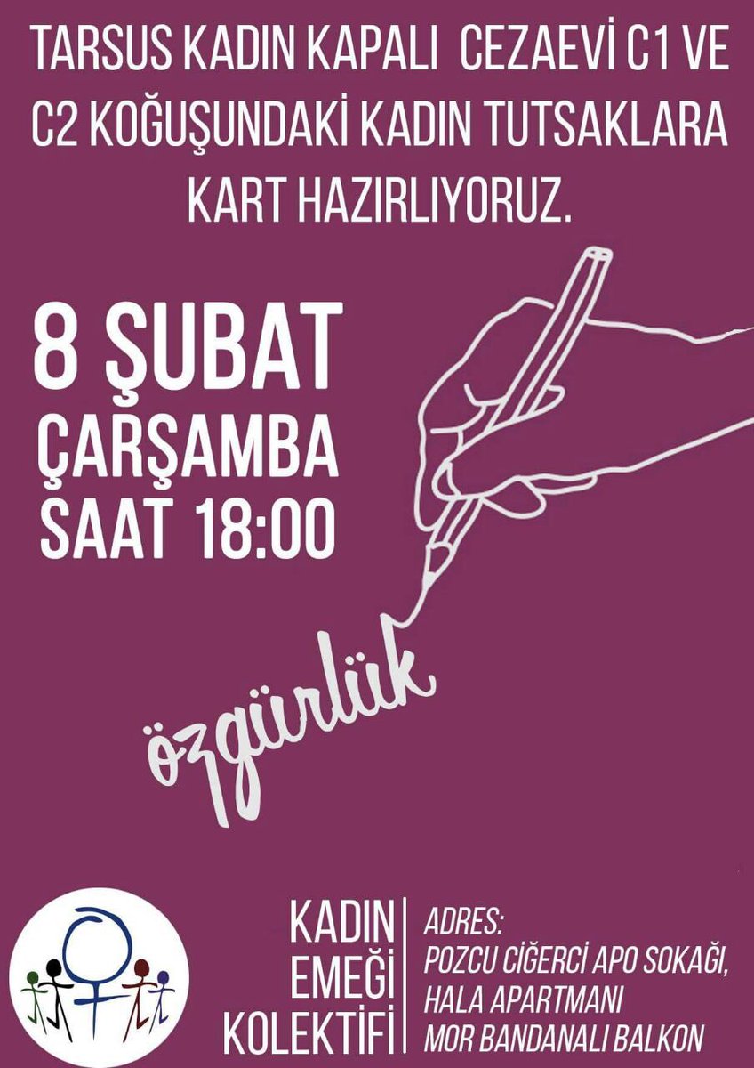 Mektup,kart ve fotoğraflarla dayanışmayı büyütüyoruz. 
Saat 18:00 da Mersin Kadın Emeği'ndeyiz. 
Kadın dayanışması zindanları aşacak!!