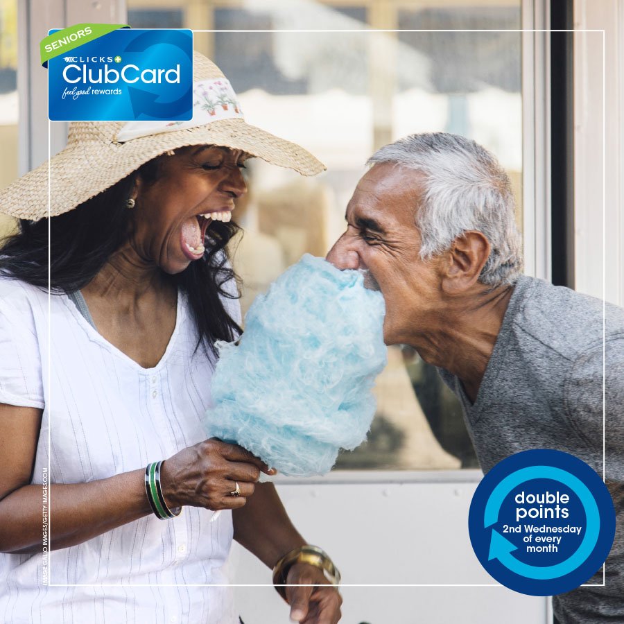 Clicks_SA's tweet photo. Over 60? Today is Seniors’ Double Points Day! Swipe your ClubCard to earn twice as many #FeelGoodRewards! > https://t.co/OF4La6Dplx https://t.co/51rDzfl9ne