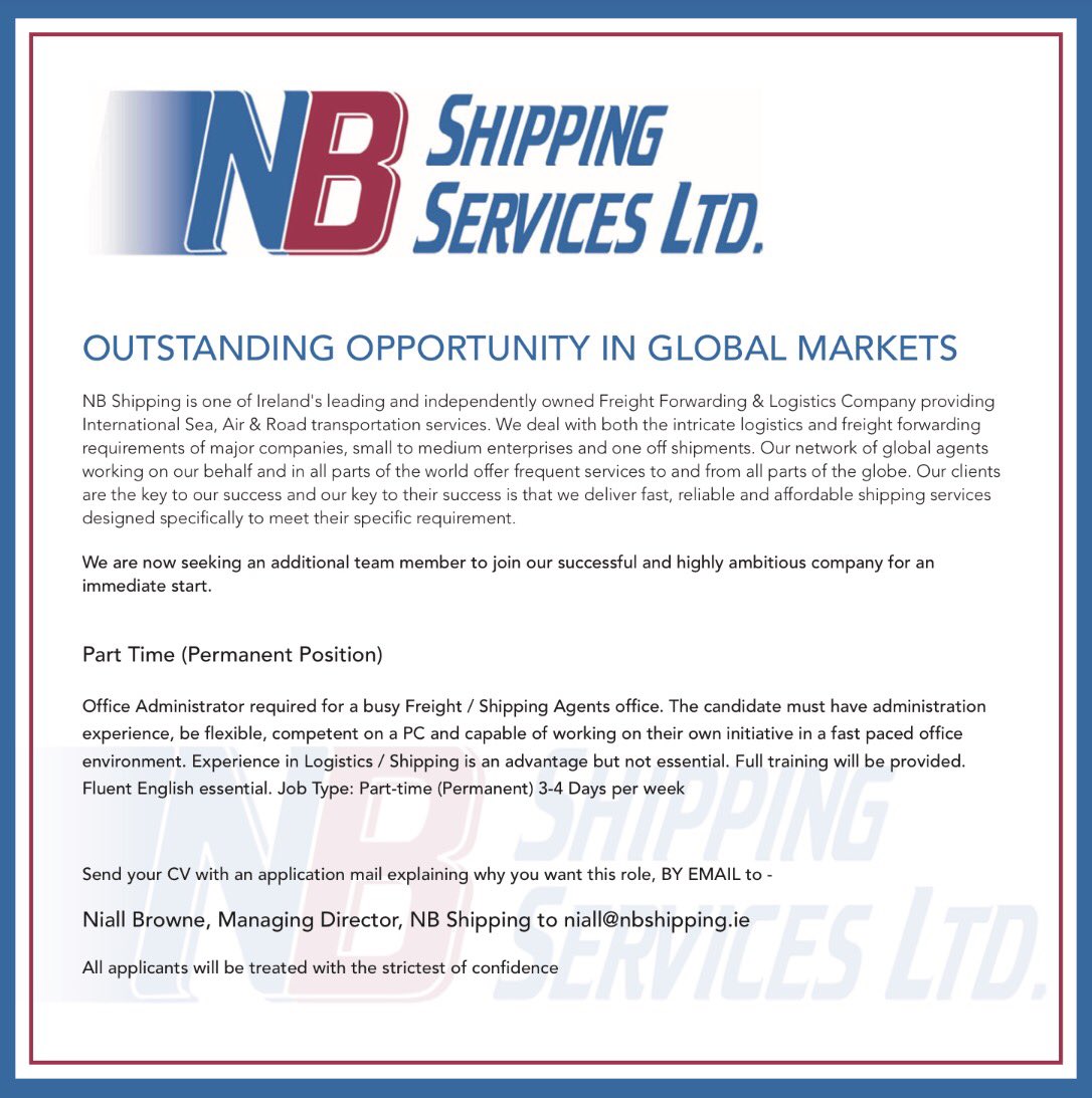 PLinCorkIreland's tweet photo. A nice job opportunity for someone @NBSHIPPING https://t.co/vYEEdAqs9J