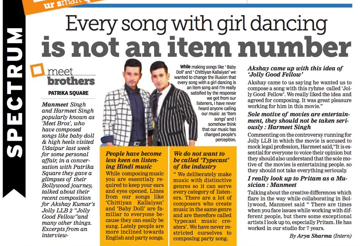 #JollyGoodFellows <a href="/meetbros/">MeetBros</a> in <a href="/rpbreakingnews/">Rajasthan Patrika</a>, talking about their upcoming hit numbers and more.  #JollyLLB2