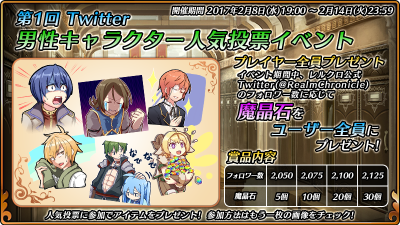 RealmChronicle's tweet photo. 【この記事を引用リツイート】
男性キャラクター人気投票
《投票順位の賞品内容》
1位：カルマの書（超）5冊
2位：カルマの書（超）4冊
3位：カルマの書（超）3冊
4位：カルマの書（大）10冊
5位：カルマの書（大）8冊
6位：カルマの書（大）5冊 https://t.co/b0AJ8e6Gf1