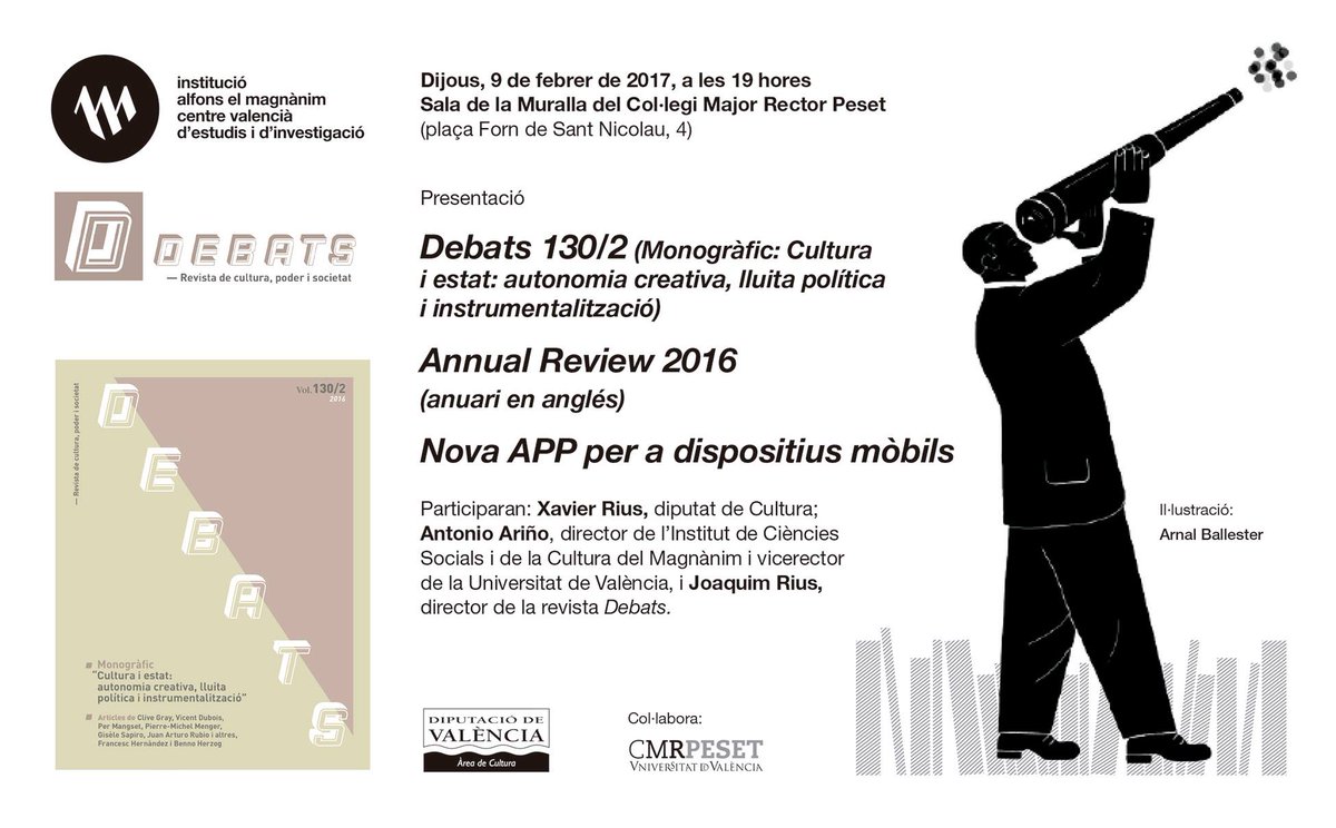 AVAntropologia's tweet image. Demà 9/2/17, 19h, presentació de #Debats, #AnualReview2016 i #NovaAPP per a #mòbils a la Sala de la  Muralla del Col·legi Major Rector Peset