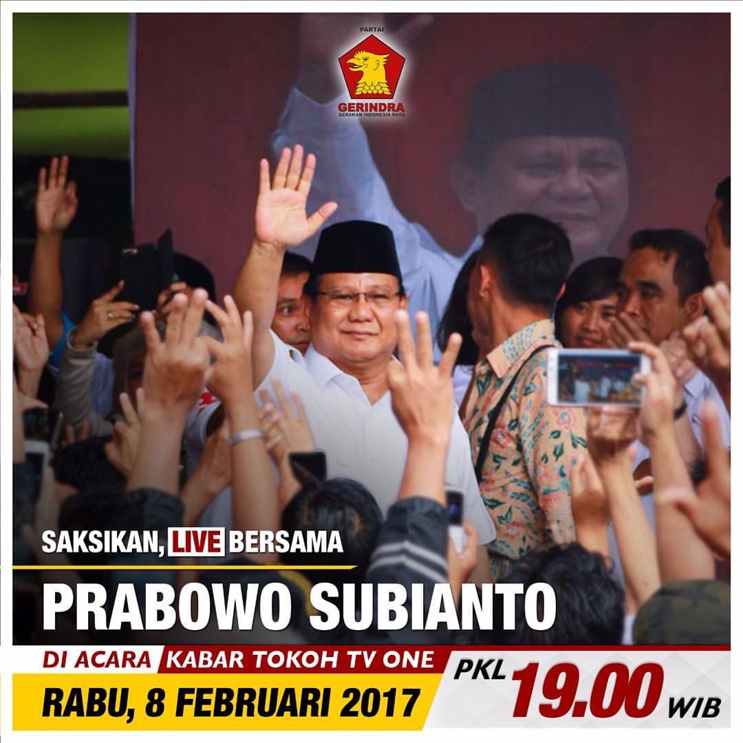 Kembali mengingatkan. Jangan lupa saksikan live bersama pak <a href="/prabowo/">Prabowo Subianto</a> di <a href="/kabartokoh_one/">Kabar Tokoh TV ONE</a>, malam ini pukul 19.00 WIB #Pilih3TolakReklamasi