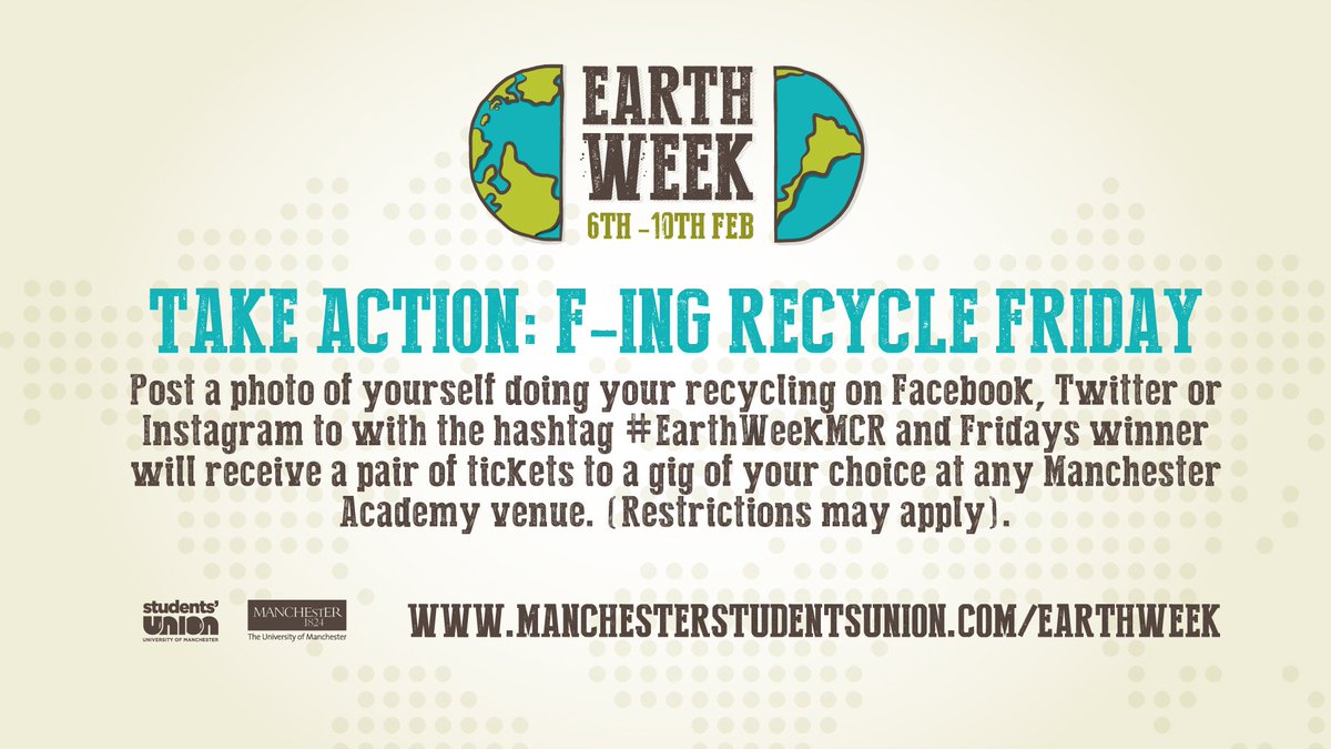 ManchesterSU's tweet photo. As #EarthWeekMCR draws to a close, post a picture of you recycling to be in with the chance of winning gig tickets at @MancAcademy 💃♻️️ https://t.co/RrHkBuJEKn